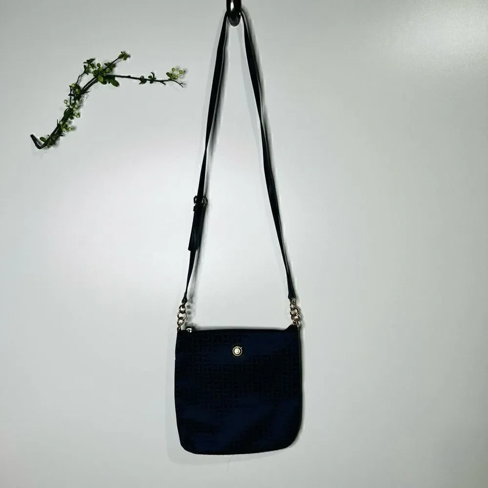 Tommy Hilfiger Women's Navy Blue Synthetic Leather Logo Print Cross Body Bag